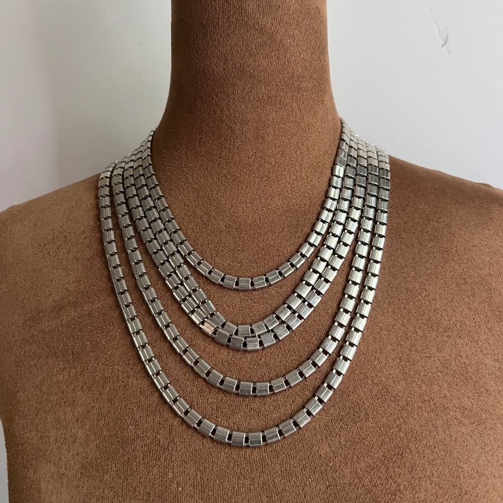 Vtg Silver Tone Multi Strand Block Chain Statement Necklace Magnetic Closure 18"